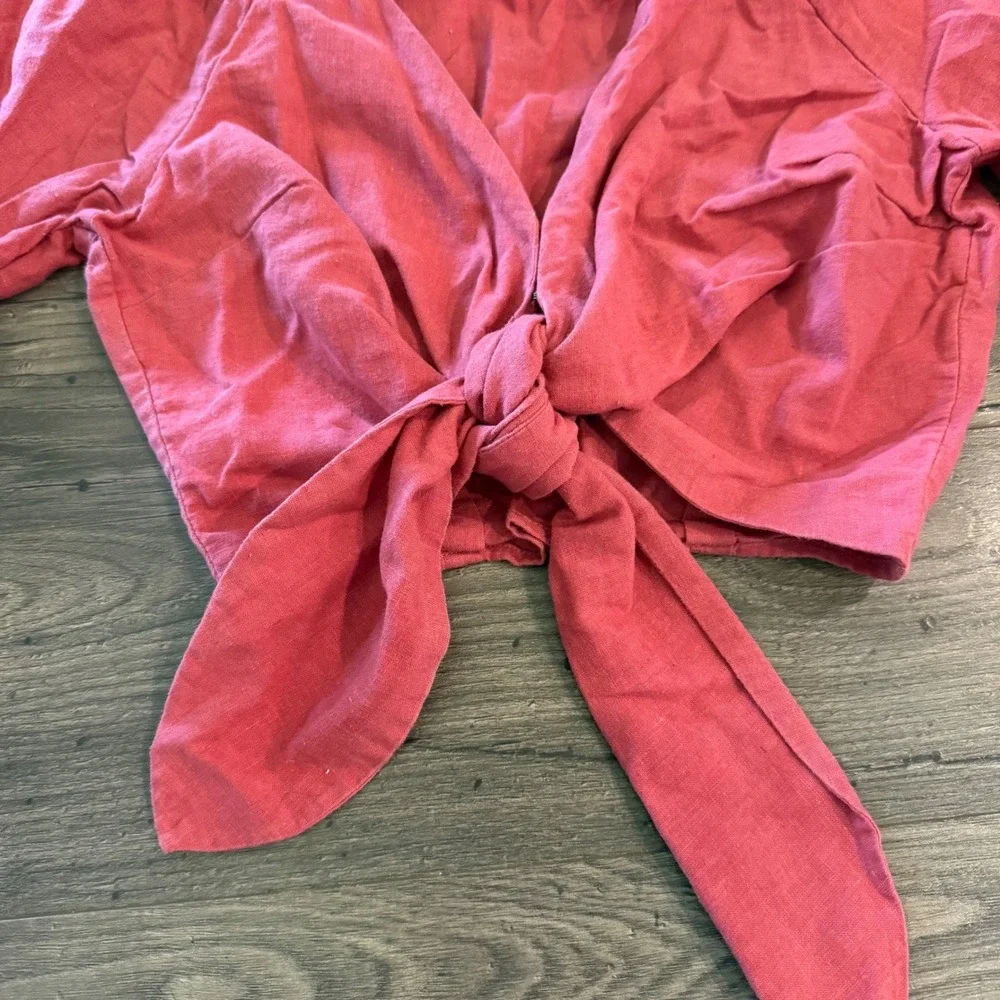Abercrombie & Fitch Red Pink Tie Front Puff Sleeve Crop Top Blouse Small